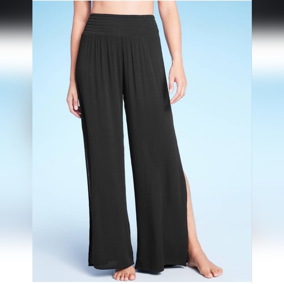 Kona Sol Pants - Women's Smocked Waist Side Slit Cover Up Pants - Kona Sol - Black - L